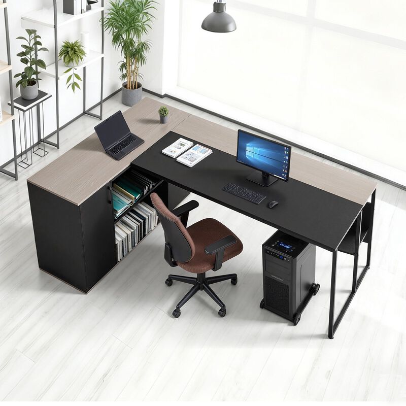 Modern L-Shaped Office Desk with CPU Stand, Storage Cabinet and Spacious Work Surface-Black image number 1