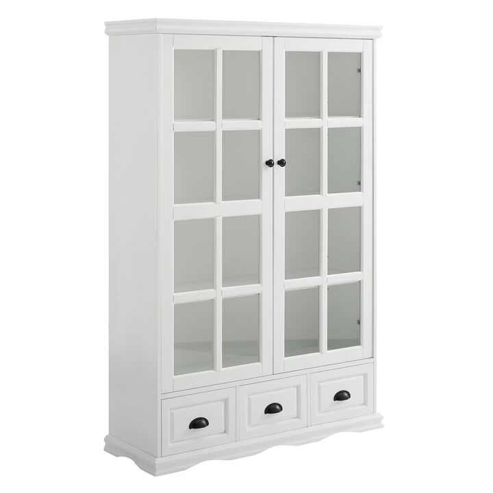 Storage Cabinet with Tempered Glass Doors Curio Cabinet with Adjustable Shelf Display Cabinet with Triple Drawers,White