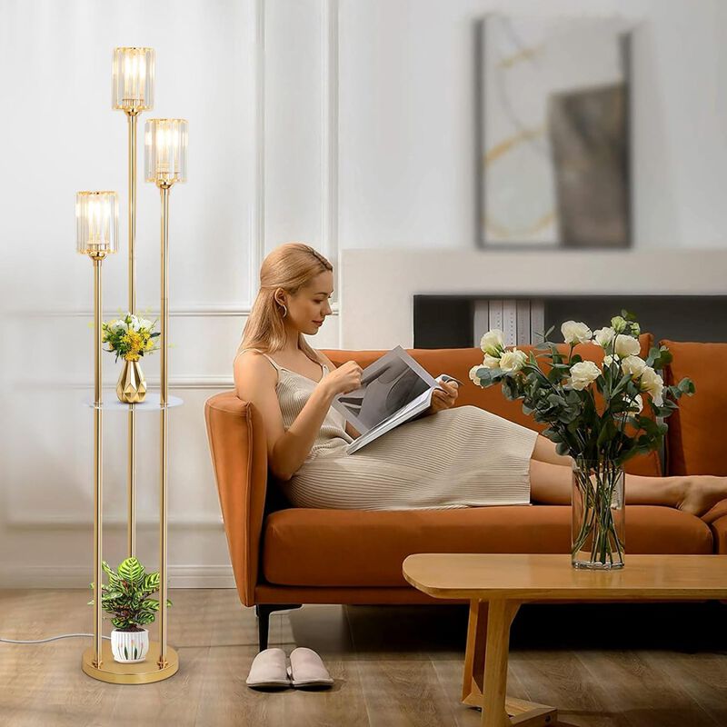 ELEMENT ACE Modern Mid-Century Floor Lamp with Built-In Storage Shelves, Crystal Shade, Stable Base, and Convenient Foot Switch Ideal for Living Room, Bedroom, Corner Spaces image number 7