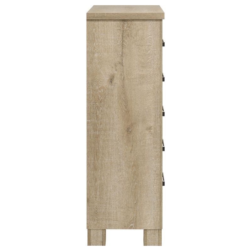 Tyna Tall Dresser Chest with 5 Drawers, Bronze Metal, Weathered Oak Beige image number 5