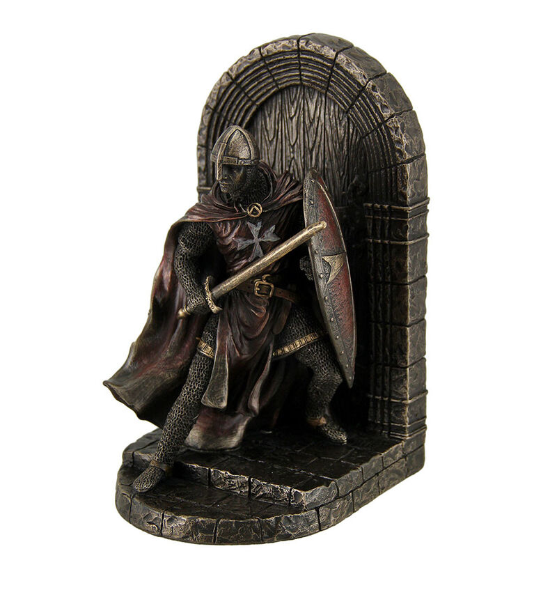Maltese Crusader Statue in Armor Guarding Door Holding Shield & Sword Bookend image number 0
