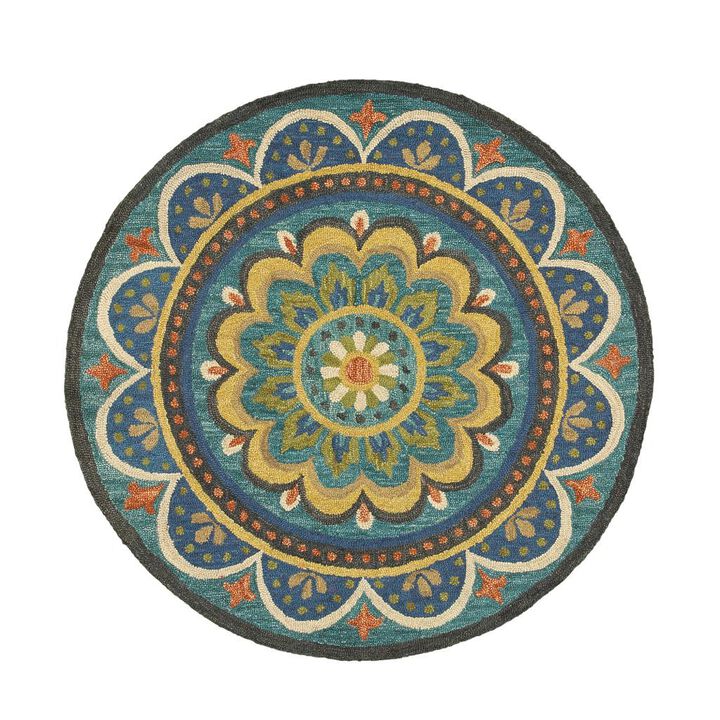 HomeRoots Round Wool Geometric Hand Tufted Area Rug