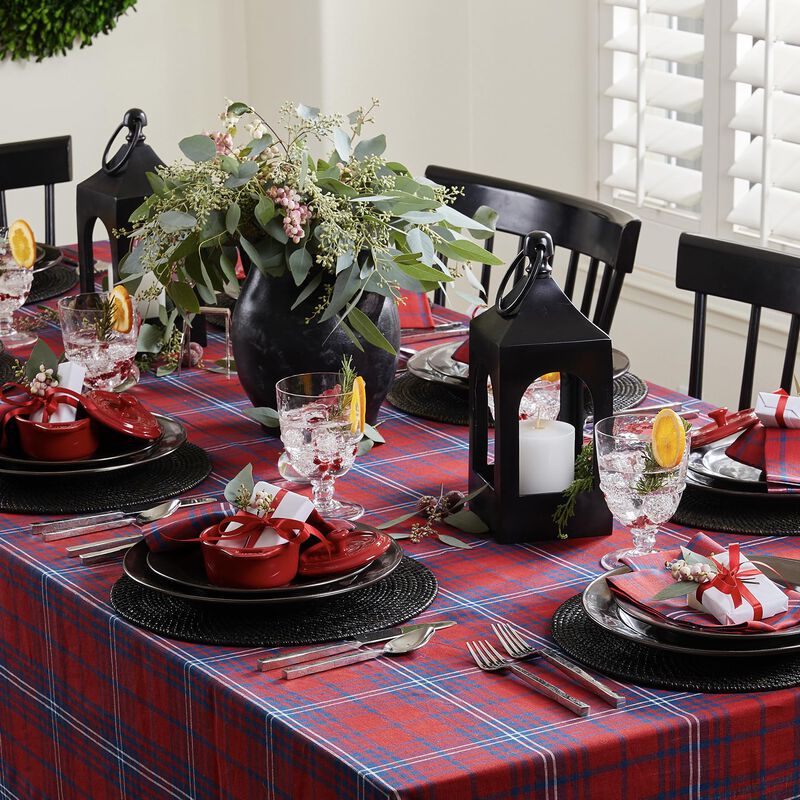 Solino Home 100% Pure Linen Table Throw - Red Tartan Plaid