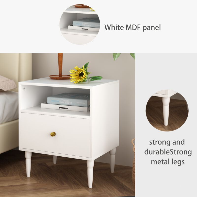 23.6" Assembled White Nightstand 1-Drawer 1-Shelf Gold Knob image number 7
