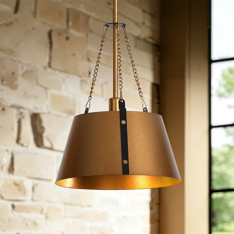 Gold Drum Pendant Light, Industrial Metal Shade, Adjustable Height image number 1