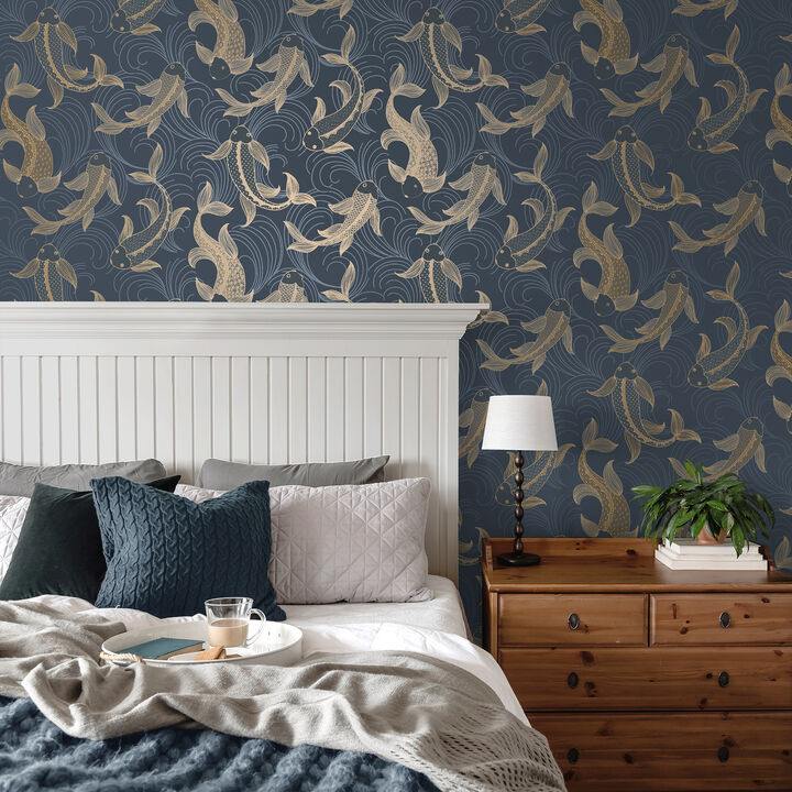 Dashiell Navy Decorative Fish Wallpaper