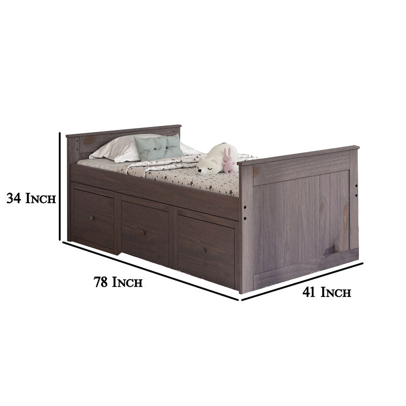 Mari Twin Captain Bed with Drawers, Rustic, Brazilian Pine, Wood, Gray - Benzara