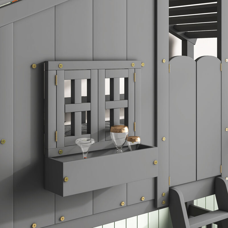 Twin over Twin House Bunk Bed with Roof , Window, Window  Box, Door , with Safety Guardrails and Ladder