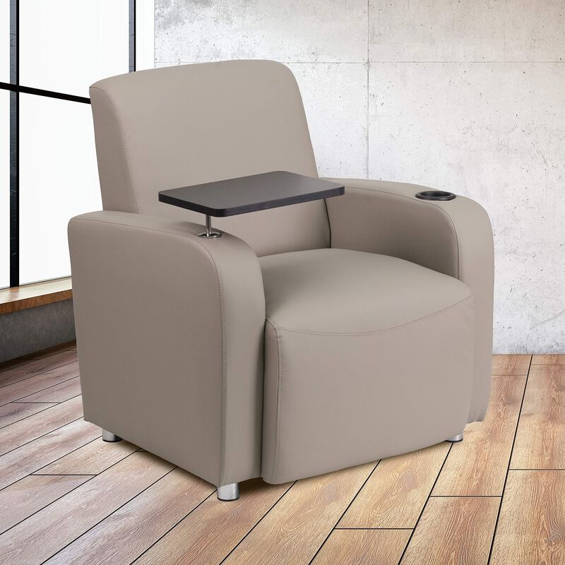 Flash Furniture George Gray LeatherSoft Guest Chair with Tablet Arm, Chrome Legs and Cup Holder