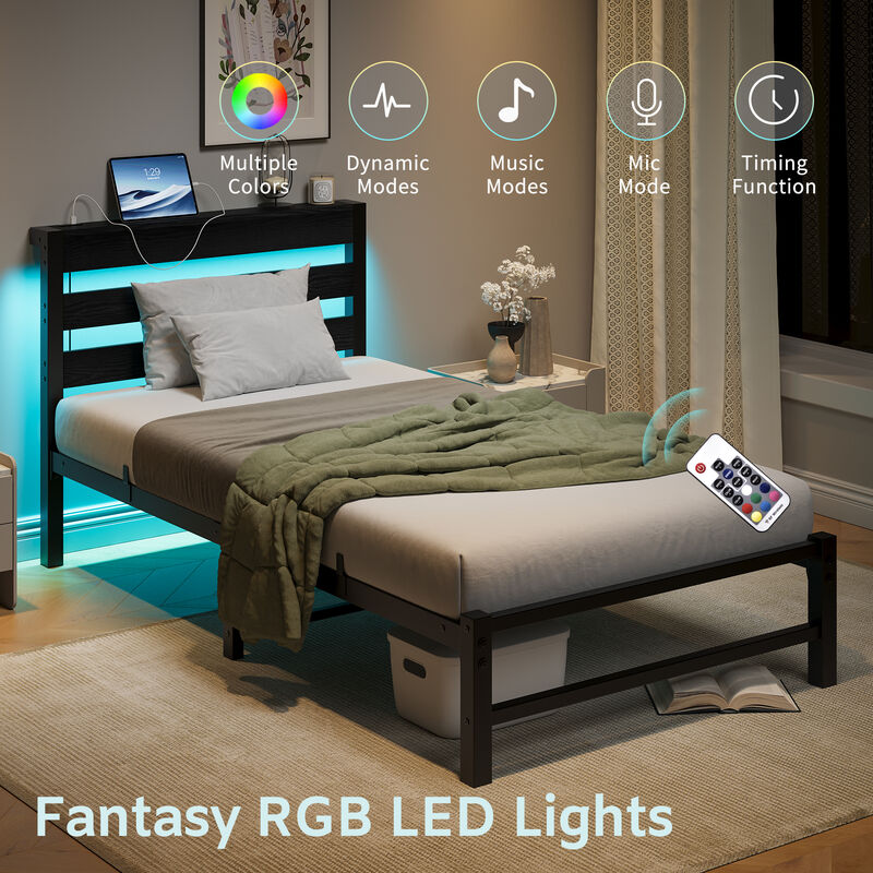 Platform Bed Frame with LED Lights & USB Charging Station, Rustic Wood Headboard, No Box Spring Needed image number 2