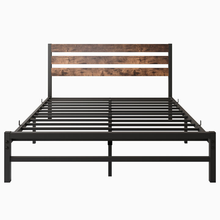 Queen Size Platform Bed Frame with Rustic Vintage Wood Headboard, Strong Metal Slats Support Mattress Foundation, No Box Spring Needed Rustic