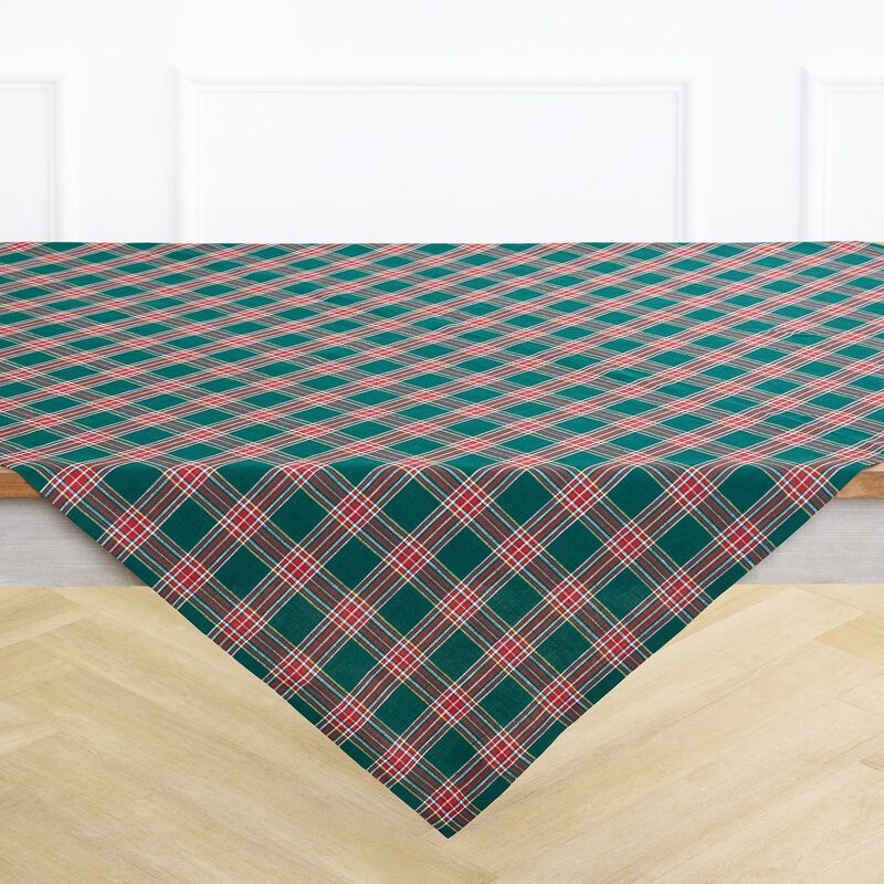 Linen Table Throw - Green Tartan Plaid image number 1