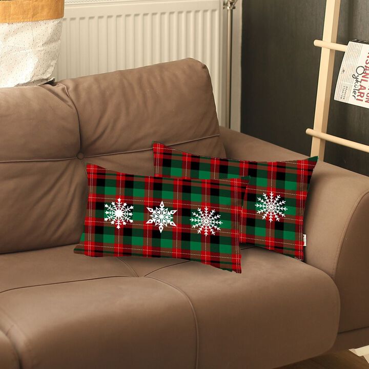 Homezia Set of 2 Christmas Snowflake Trio Plaid Lumbar Throw Pillows