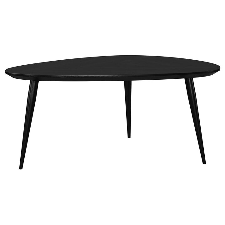 Deso Coffee Table, 39 Inch Triangular Black Mango Wood, Metal Legs