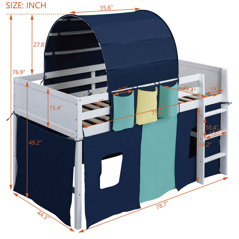 Twin Size Loft Bed with Tent and Tower and Three Pockets Blue