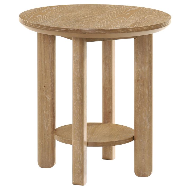 Clera Round Side End Table with Open Shelf, Light Oak Wood 22Inch