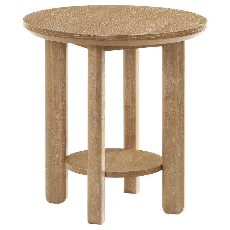 Clera Round Side End Table with Open Shelf, Light Oak Wood 22Inch image number 0