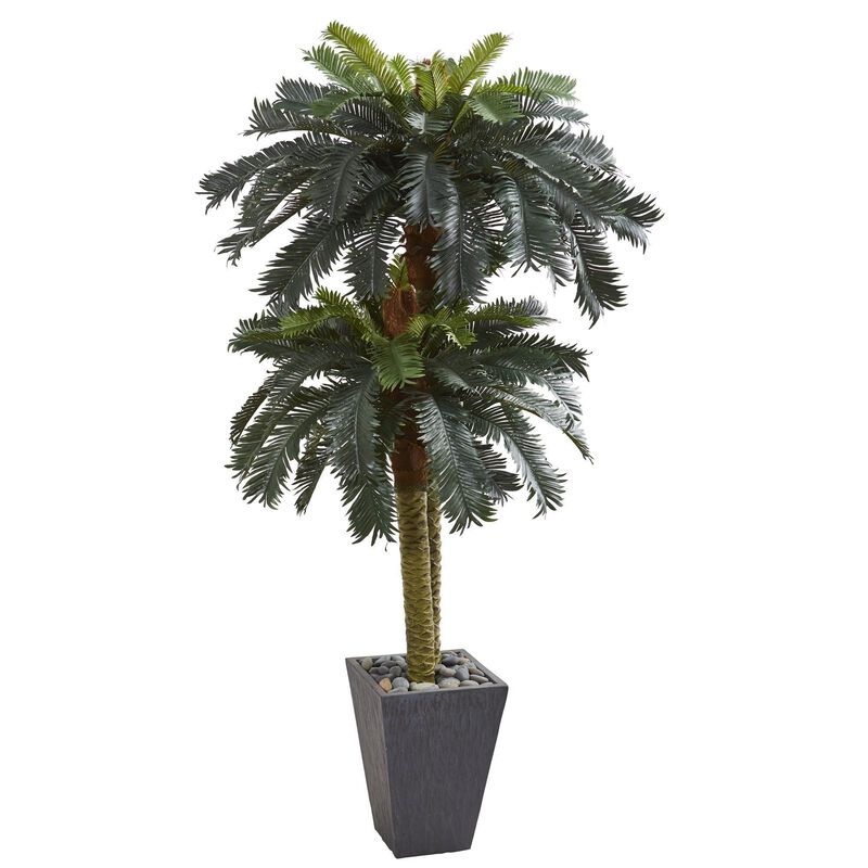 Nearly Natural 6-ft Double Sago Palm Artificial Tree Slate Finished Planter