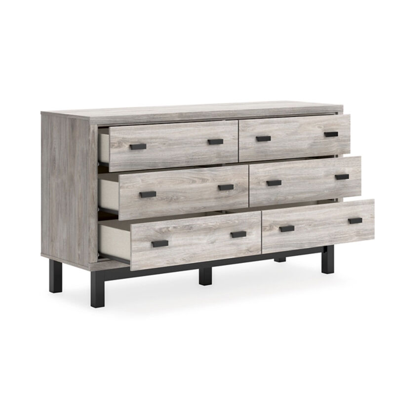 Veso 62 Inch Wide Dresser, 6 Drawers, Modern Light Gray and Black - Benzara