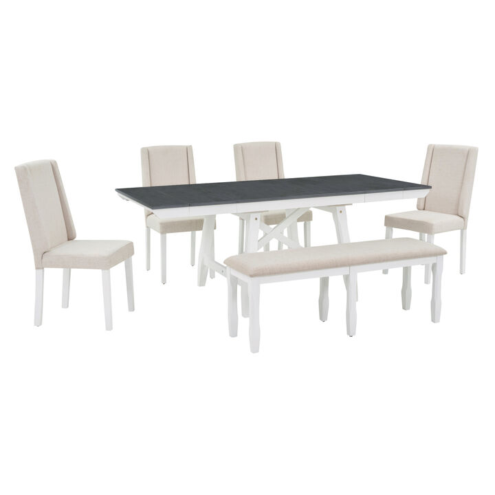 6-Piece Classic Dining Table Set, Rectangular Extendable Dining Table with two 12" W Removable Leaves and 4 Upholstered Chairs & 1 Bench for Dining Room (Gray+White)