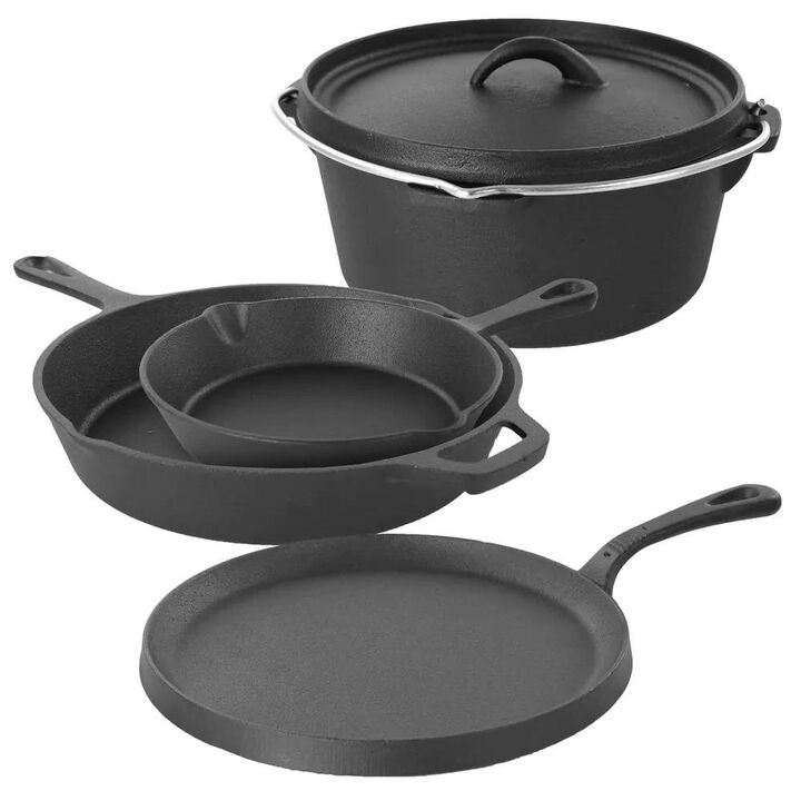 Heavy-Duty 5-Piece Cast Iron Set Dutch Oven, Griddle & Skillets for Searing, Baking & Grilling