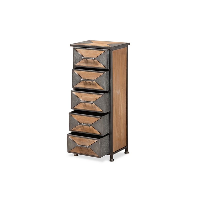 Baxton Studio Laurel Rustic Industrial Antique Grey Finished Metal and Whitewashed Oak Brown Finished Wood 5-Drawer Accent Storage Cabinet image number 1