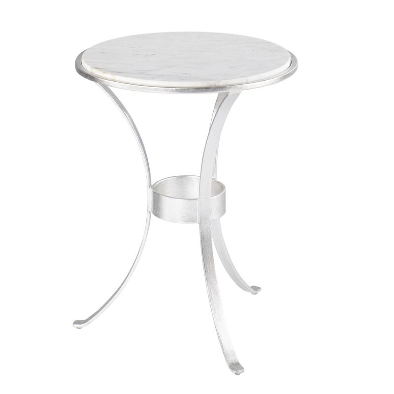 Homezia 23" Silver And White Marble Curvy Leg Round End Table