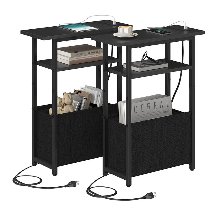 sthmec Narrow Side Table with Charging Station Set of 2, Small End Table for Small Spaces, Skinny Nightstands Set 2 with Storage