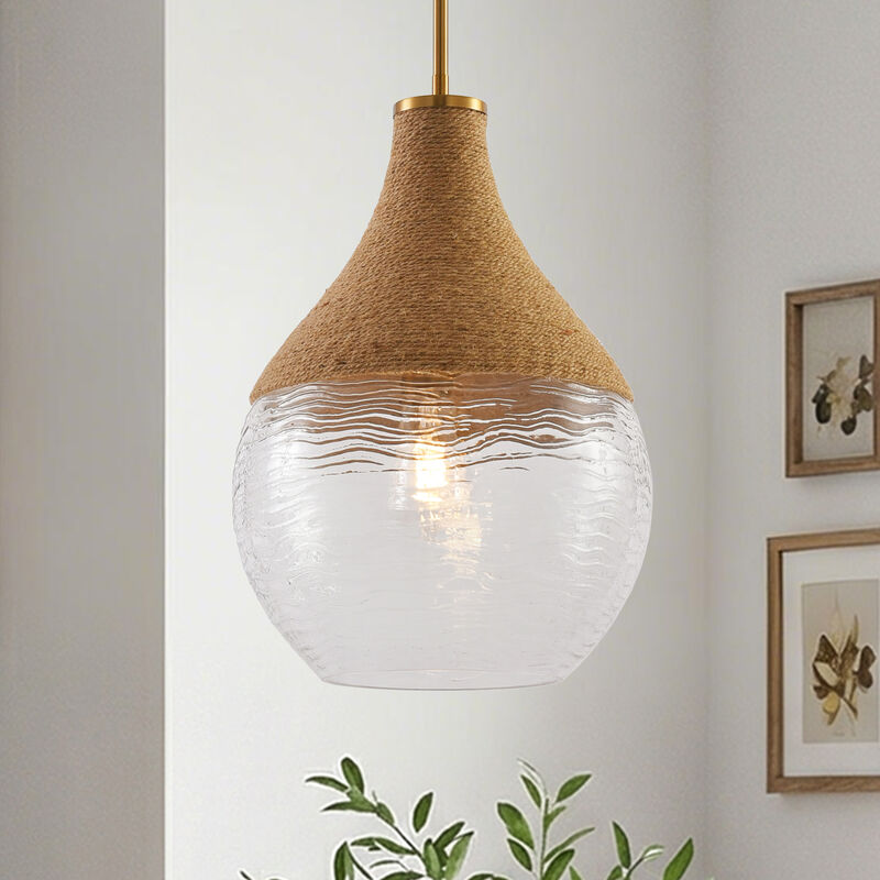 13" Modern Coastal Gold Hemp Rope Pendant Light with Vase-Shaped Water Glass Shade for Bedroom, Living Room or Kitchen Island image number 1
