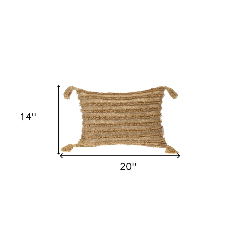 HomeRoots 14" X 20" Beige Striped Cotton Throw Pillow With Tassels image number 4