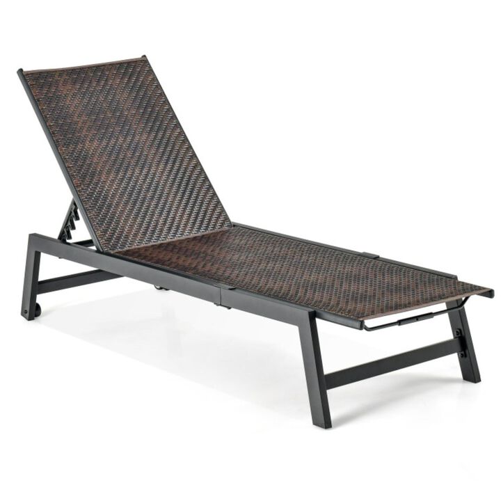 Hivvago Patio PE Rattan Chaise Lounge with 5-Level Backrest and Wheels-Brown