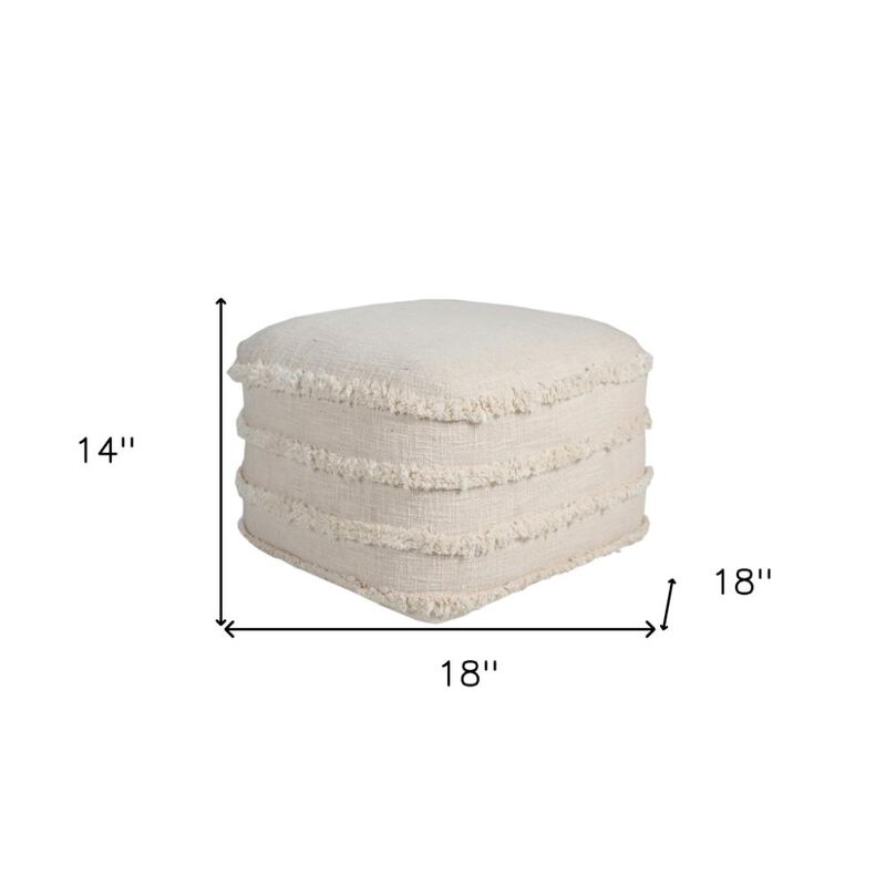 Hivvago 18 Inch Cream Cotton Tufted Cube Striped Pouf Ottoman