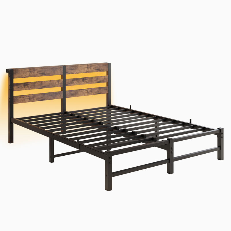 Queen Size LED Bed Frame, Heavy Duty Platform Bed Frame with Headboard, USB Charging Station