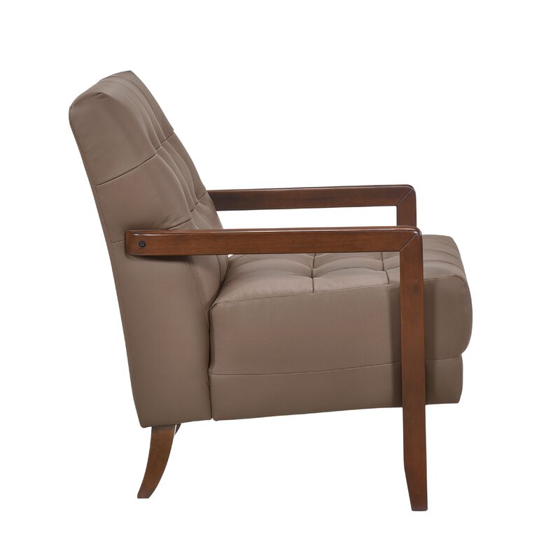 Lenie Accent Armchair, Button Tufted Brown Leather, Walnut Brown Wood