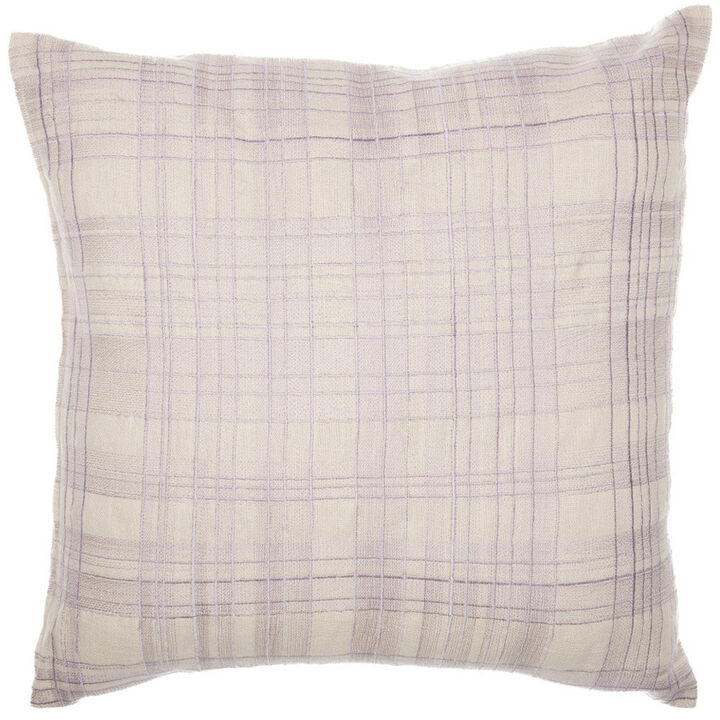 HomeRoots 24" Ivory Check Cotton Blend Throw Pillow With Embroidery