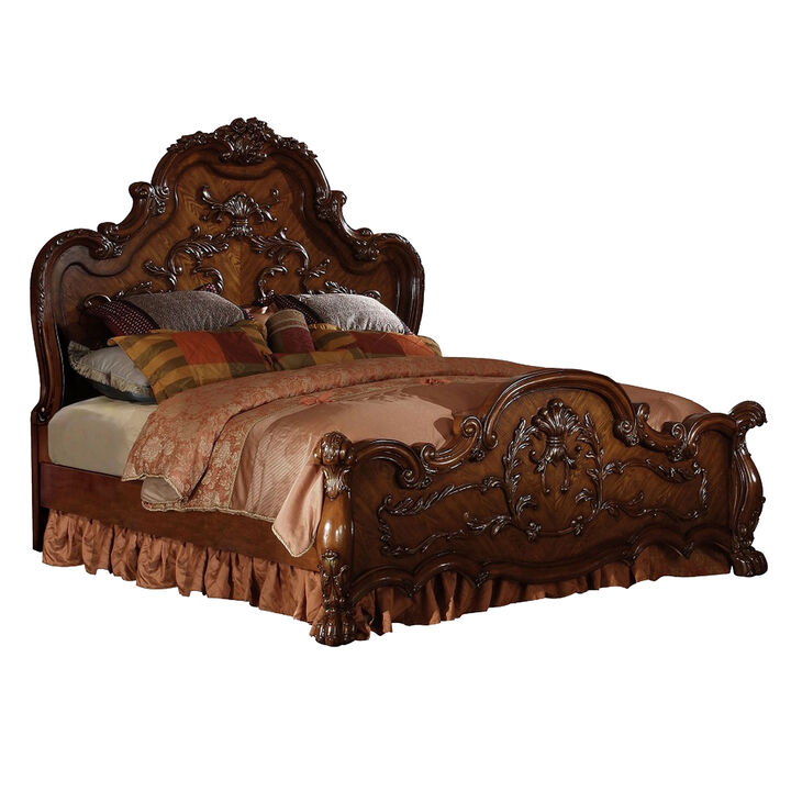Rosy Four Piece Queen Bedroom Set, Raised Inlay Moldings, Cherry Oak Brown - Benzara
