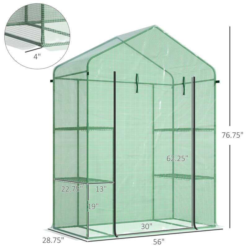 56" x 29" x 77" Portable Walk-In Greenhouse w/4-Tier Shelves & Roll Up Door