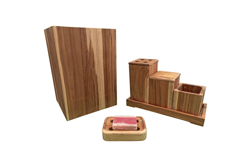 EcoDecors Eleganto 9 Piece Teak Wood Fully Assembled Bathroom Amenities Set in Natural Finish image number 2