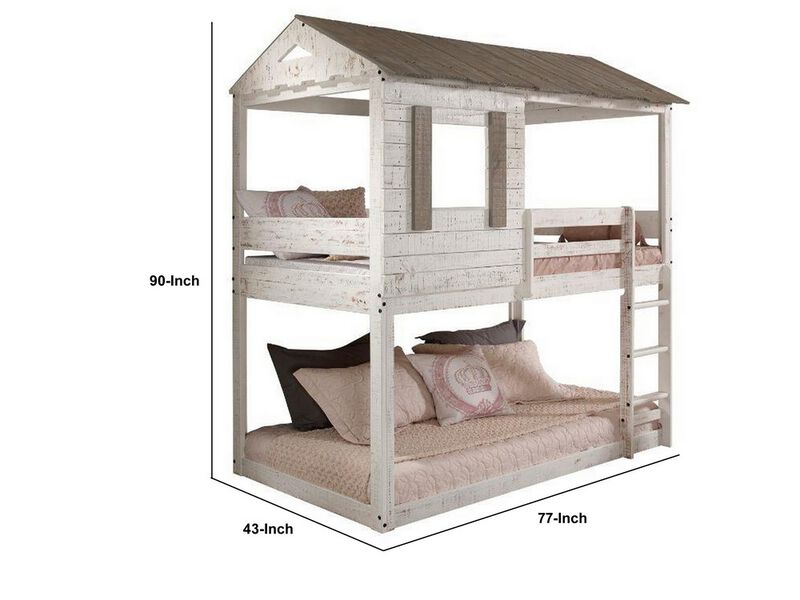 Wooden Twin Bunk Bed with House Design, White and Brown-Benzara