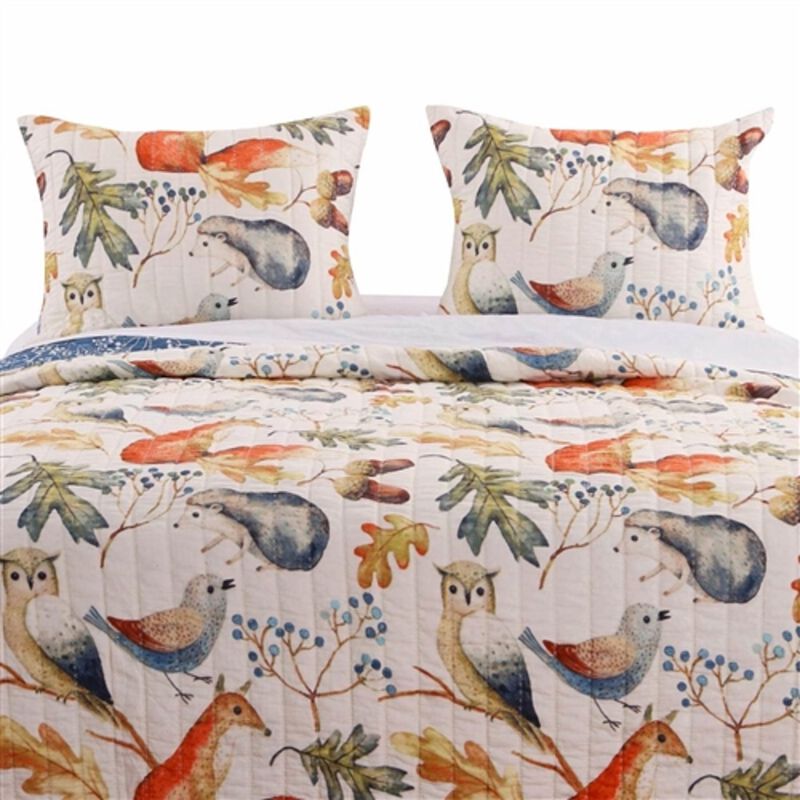 3-Piece Reversible Microfiber Quilt Set with Nature-Inspired Birds, Animals, and Floral Motif