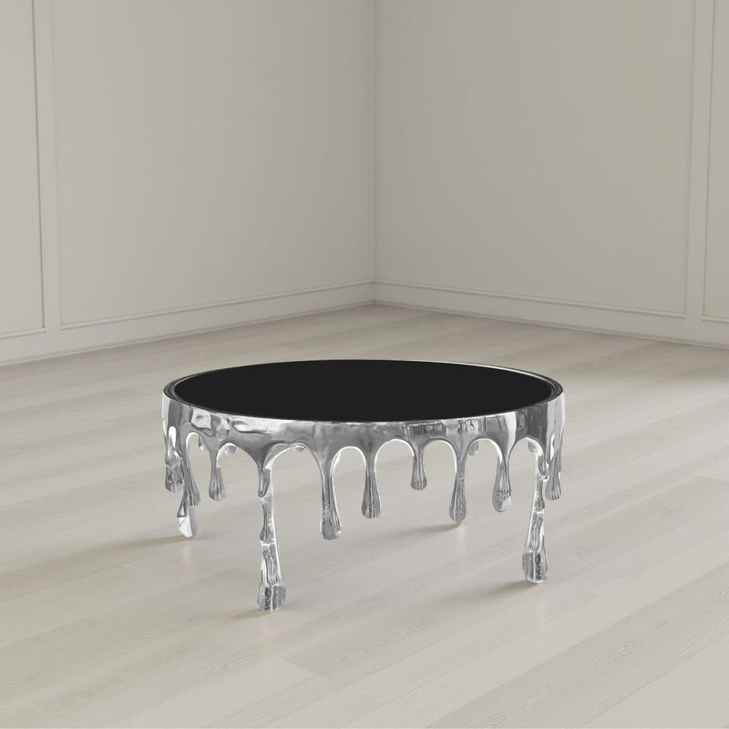 Capri Coffee Table | 36 Inch Round Glass Top | Melting Drip Design | Silver