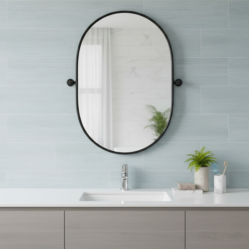 HomeRoots 32" Black Aluminum Oval Adjustable Tilting Framed Accent Mirror image number 1