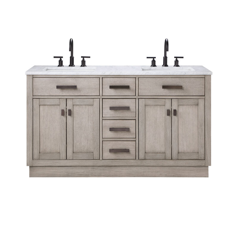 Chestnut 60 In. Double Sink Carrara White Marble Countertop Bath Vanity In Grey Oak with Oil Rubbed Bronze Hardware