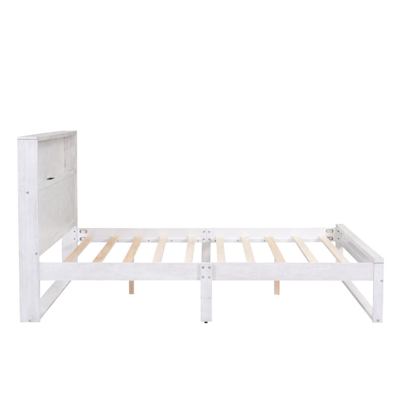 Platform Bed with Storage Headboard,Sockets and USB Ports,Queen Size Platform Bed,Antique White