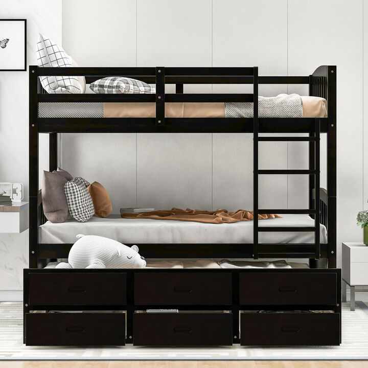 Twin over Twin Wood Bunk Bed with Trundle and Drawers, White