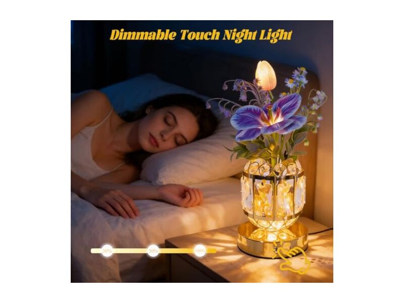 Rechargeable Cordless Dimmable Crystal Flower Table Lamp For Bedroom Purple image number 3