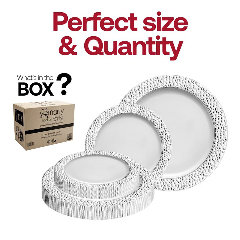 White with Silver Hammered Rim Plastic Dinnerware Value Set (40 Sets) image number 4
