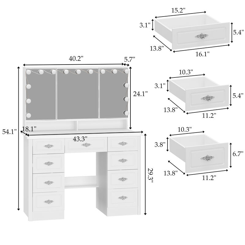 White Makeup Vanity Table Dressing Desk W/3-Mirrors,Lighted Mirror, Drawers, Hidden Storage Shelves Carved Metal Handles