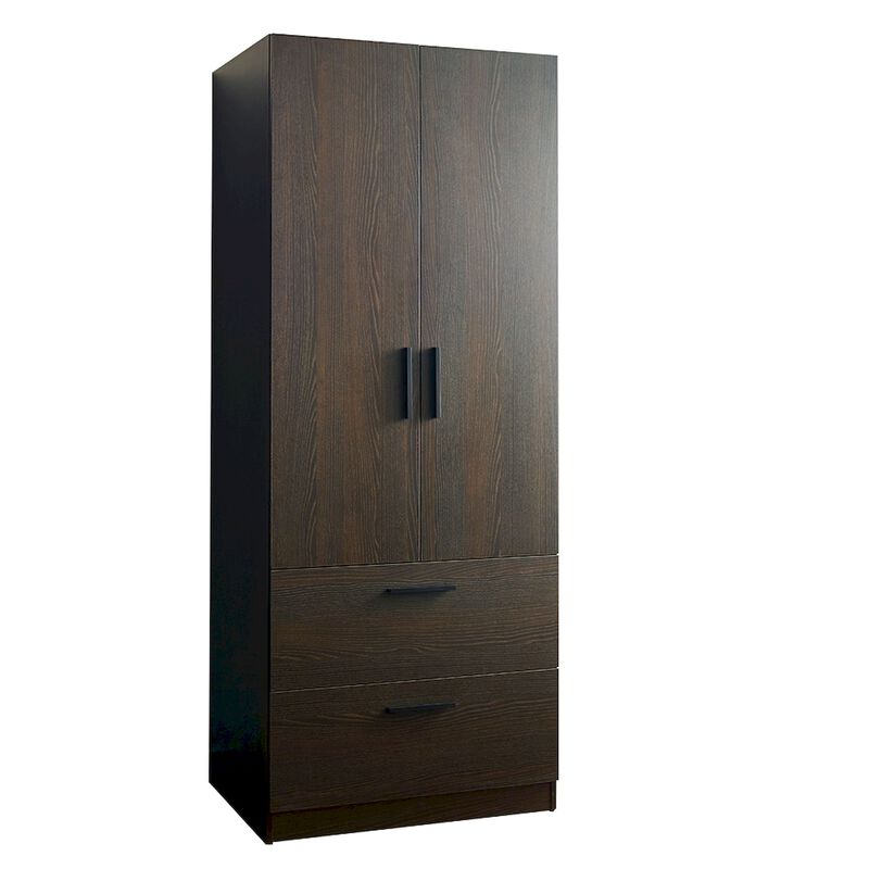 FC Design Klair Living Two-Door Wood Closet with Two Drawers and Hanging Bars in Dark Brown