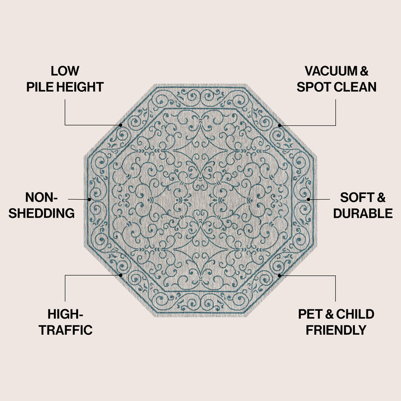 Charleston Vintage Filigree Textured Weave Octagon Indoor/Outdoor Area Rug